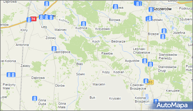 mapa Andrzejów gmina Rusiec, Andrzejów gmina Rusiec na mapie Targeo