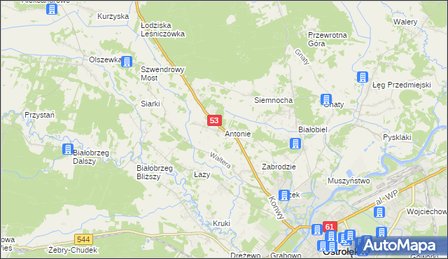 mapa Antonie gmina Olszewo-Borki, Antonie gmina Olszewo-Borki na mapie Targeo