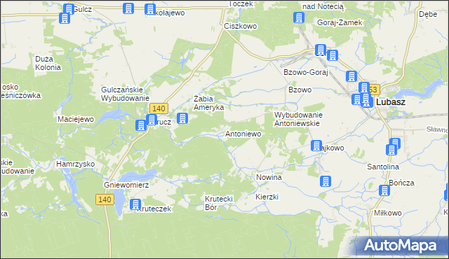 mapa Antoniewo gmina Lubasz, Antoniewo gmina Lubasz na mapie Targeo