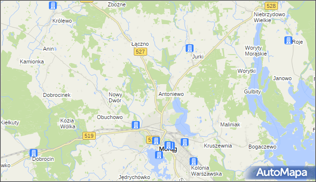 mapa Antoniewo gmina Morąg, Antoniewo gmina Morąg na mapie Targeo