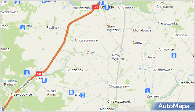 mapa Antoninów gmina Biała Rawska, Antoninów gmina Biała Rawska na mapie Targeo