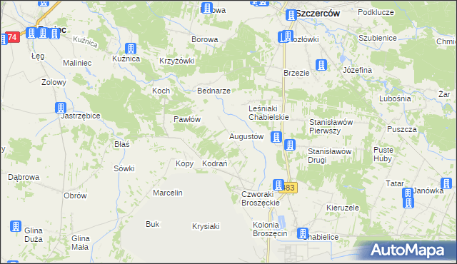 mapa Augustów gmina Rząśnia, Augustów gmina Rząśnia na mapie Targeo