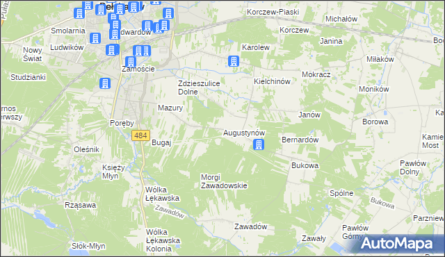 mapa Augustynów gmina Bełchatów, Augustynów gmina Bełchatów na mapie Targeo