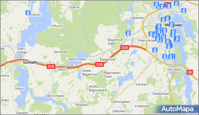 mapa Bagienice gmina Mrągowo, Bagienice gmina Mrągowo na mapie Targeo