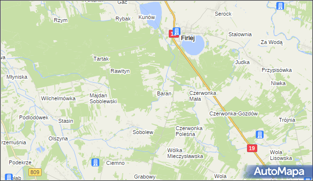 mapa Baran gmina Firlej, Baran gmina Firlej na mapie Targeo