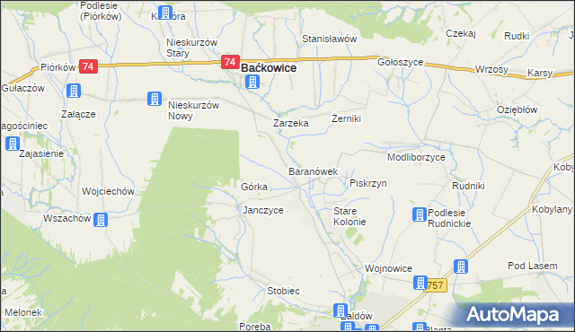 mapa Baranówek gmina Baćkowice, Baranówek gmina Baćkowice na mapie Targeo