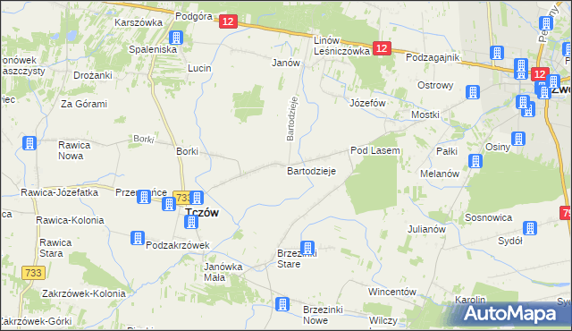 mapa Bartodzieje gmina Tczów, Bartodzieje gmina Tczów na mapie Targeo