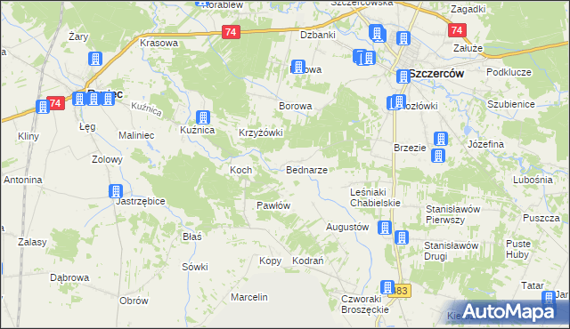 mapa Bednarze gmina Szczerców, Bednarze gmina Szczerców na mapie Targeo