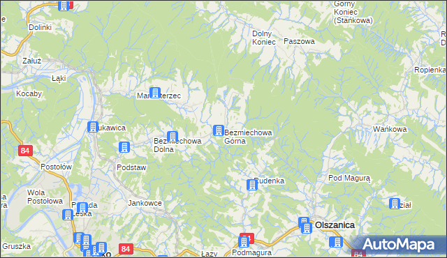 mapa Bezmiechowa Górna, Bezmiechowa Górna na mapie Targeo