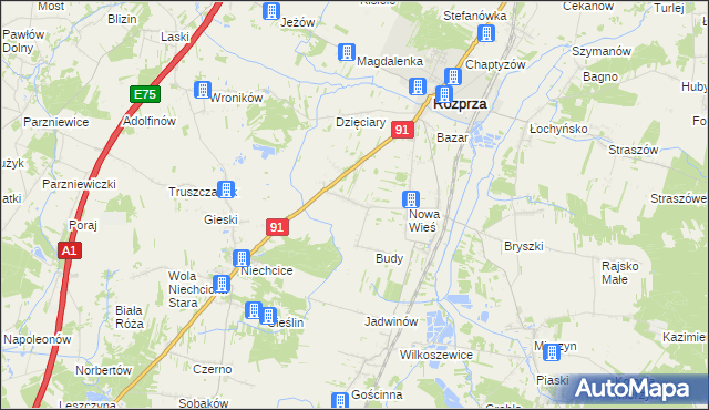 mapa Białocin gmina Rozprza, Białocin gmina Rozprza na mapie Targeo