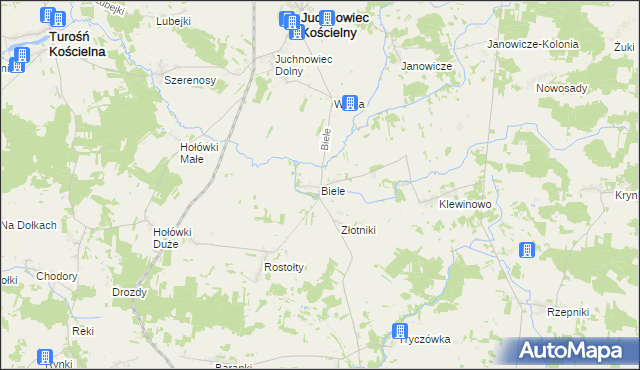 mapa Biele gmina Juchnowiec Kościelny, Biele gmina Juchnowiec Kościelny na mapie Targeo