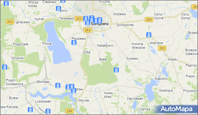 mapa Biele gmina Sompolno, Biele gmina Sompolno na mapie Targeo