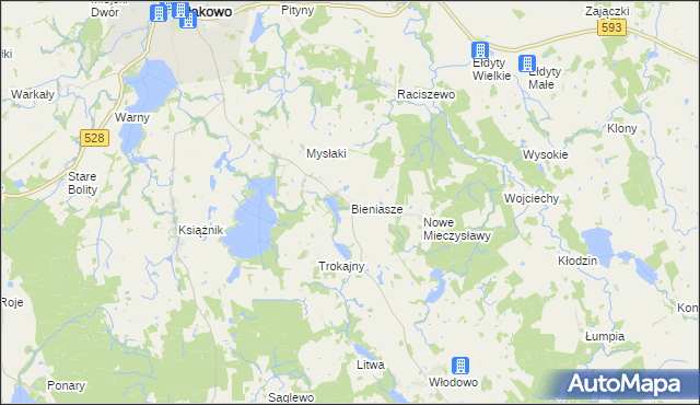 mapa Bieniasze gmina Miłakowo, Bieniasze gmina Miłakowo na mapie Targeo