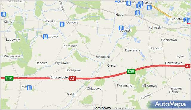 mapa Biskupice gmina Dominowo, Biskupice gmina Dominowo na mapie Targeo