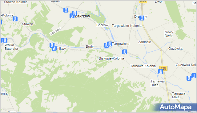 mapa Biskupie-Kolonia gmina Wysokie, Biskupie-Kolonia gmina Wysokie na mapie Targeo