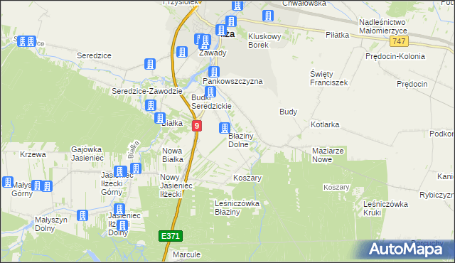 mapa Błaziny Dolne, Błaziny Dolne na mapie Targeo