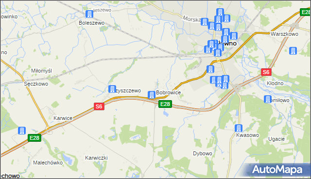 mapa Bobrowice gmina Sławno, Bobrowice gmina Sławno na mapie Targeo