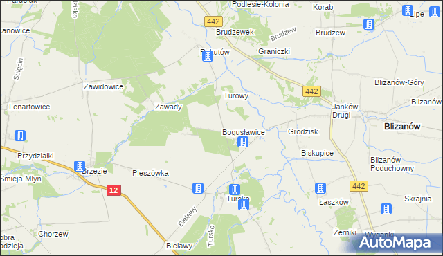 mapa Bogusławice gmina Gołuchów, Bogusławice gmina Gołuchów na mapie Targeo