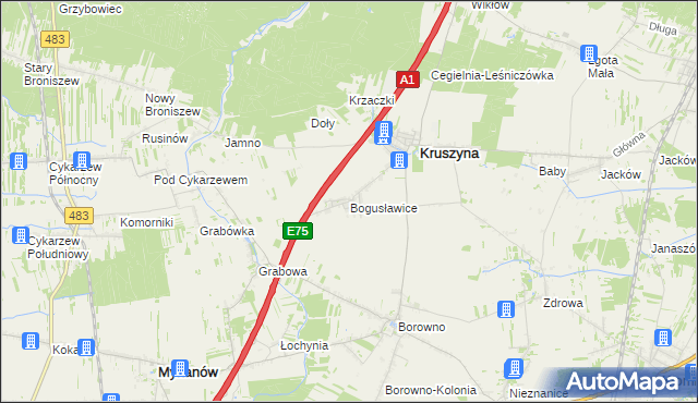 mapa Bogusławice gmina Kruszyna, Bogusławice gmina Kruszyna na mapie Targeo