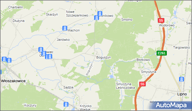 mapa Boguszyn gmina Włoszakowice, Boguszyn gmina Włoszakowice na mapie Targeo