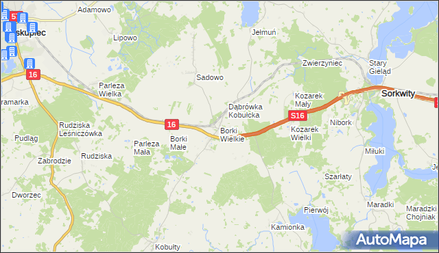 mapa Borki Wielkie gmina Biskupiec, Borki Wielkie gmina Biskupiec na mapie Targeo