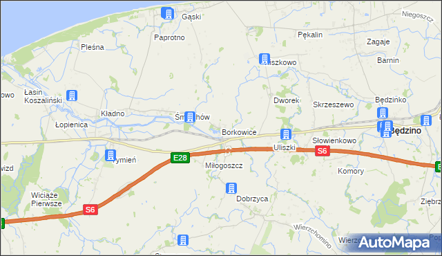mapa Borkowice gmina Będzino, Borkowice gmina Będzino na mapie Targeo