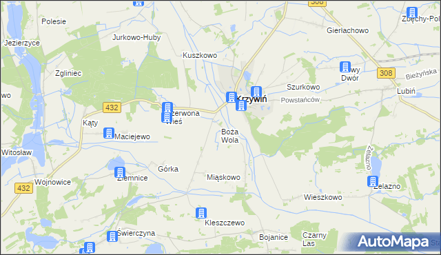 mapa Boża Wola gmina Krzywiń, Boża Wola gmina Krzywiń na mapie Targeo