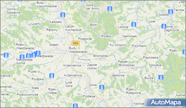 mapa Broniszów gmina Wielopole Skrzyńskie, Broniszów gmina Wielopole Skrzyńskie na mapie Targeo