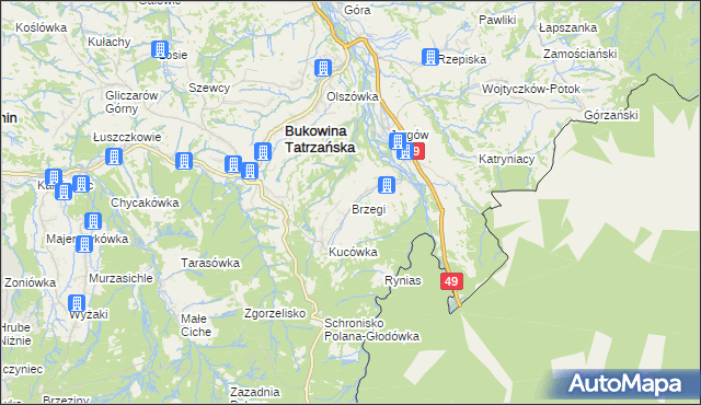 mapa Brzegi gmina Bukowina Tatrzańska, Brzegi gmina Bukowina Tatrzańska na mapie Targeo