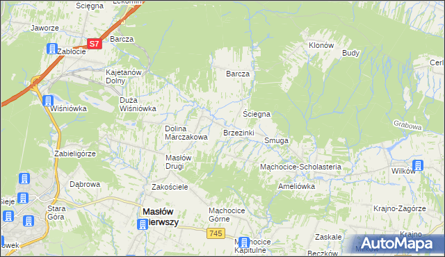 mapa Brzezinki gmina Masłów, Brzezinki gmina Masłów na mapie Targeo