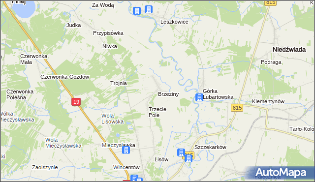 mapa Brzeziny gmina Lubartów, Brzeziny gmina Lubartów na mapie Targeo