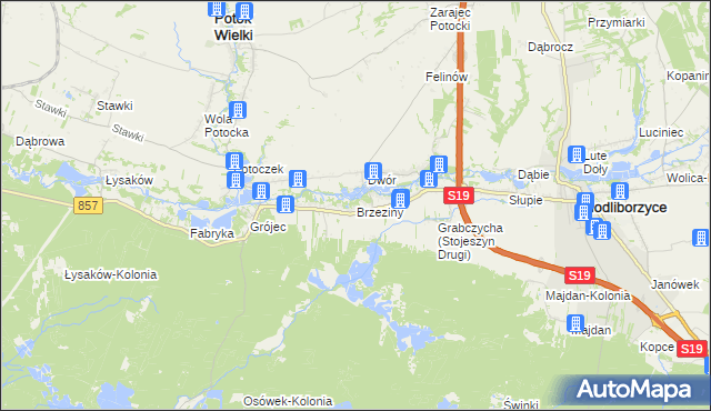 mapa Brzeziny gmina Modliborzyce, Brzeziny gmina Modliborzyce na mapie Targeo