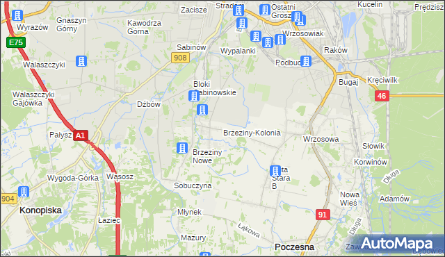 mapa Brzeziny-Kolonia, Brzeziny-Kolonia na mapie Targeo