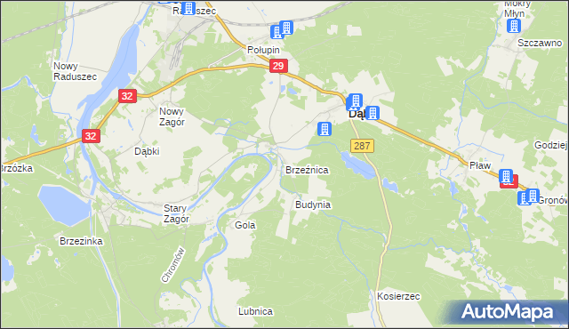 mapa Brzeźnica gmina Dąbie, Brzeźnica gmina Dąbie na mapie Targeo