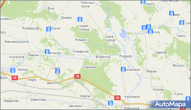 mapa Brzeźnica gmina Jędrzejów, Brzeźnica gmina Jędrzejów na mapie Targeo