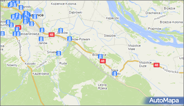 mapa Brzeźnica gmina Kozienice, Brzeźnica gmina Kozienice na mapie Targeo