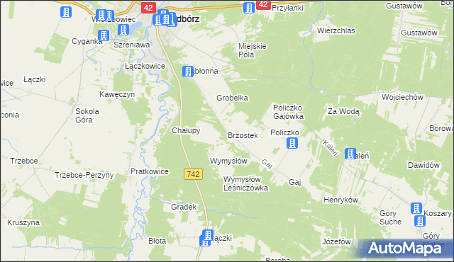 mapa Brzostek gmina Przedbórz, Brzostek gmina Przedbórz na mapie Targeo