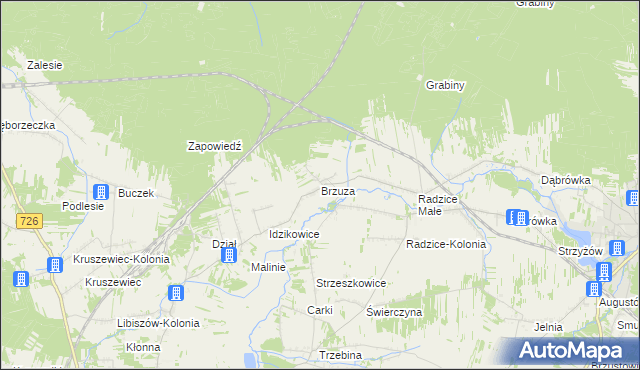 mapa Brzuza gmina Drzewica, Brzuza gmina Drzewica na mapie Targeo