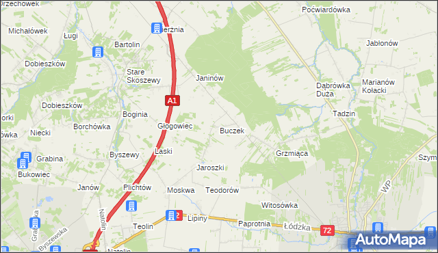 mapa Buczek gmina Brzeziny, Buczek gmina Brzeziny na mapie Targeo