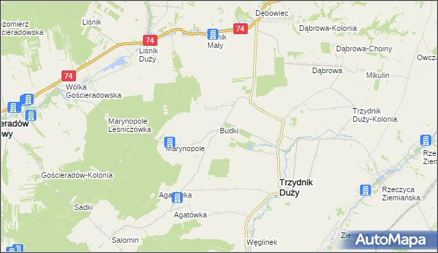 mapa Budki gmina Trzydnik Duży, Budki gmina Trzydnik Duży na mapie Targeo