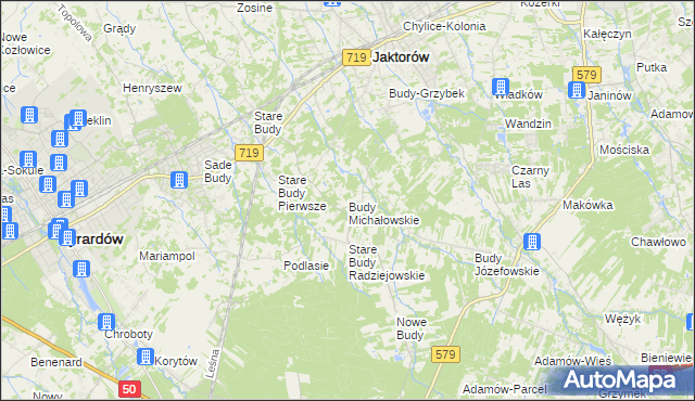 mapa Budy Michałowskie gmina Jaktorów, Budy Michałowskie gmina Jaktorów na mapie Targeo