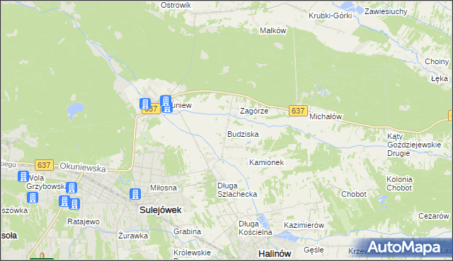mapa Budziska gmina Halinów, Budziska gmina Halinów na mapie Targeo