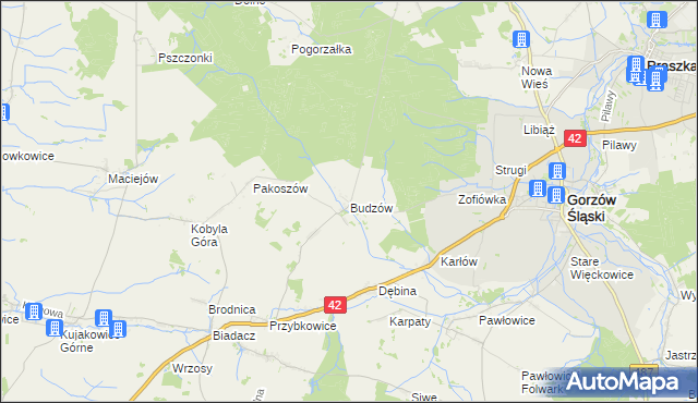 mapa Budzów gmina Gorzów Śląski, Budzów gmina Gorzów Śląski na mapie Targeo