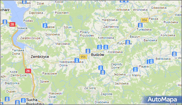 mapa Budzów powiat suski, Budzów powiat suski na mapie Targeo