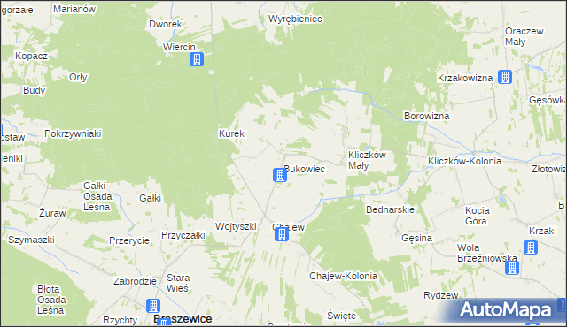 mapa Bukowiec gmina Brąszewice, Bukowiec gmina Brąszewice na mapie Targeo