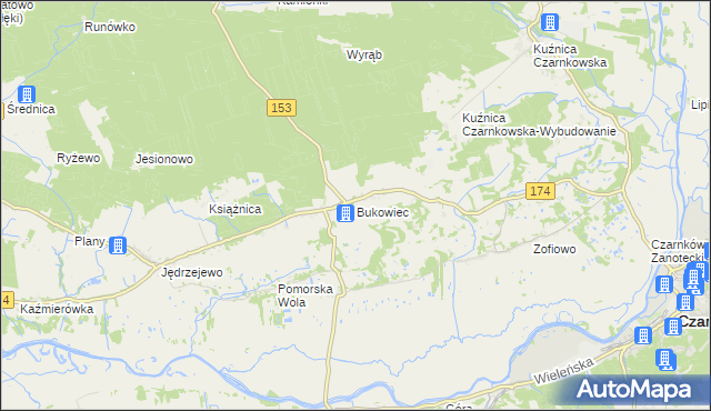 mapa Bukowiec gmina Czarnków, Bukowiec gmina Czarnków na mapie Targeo