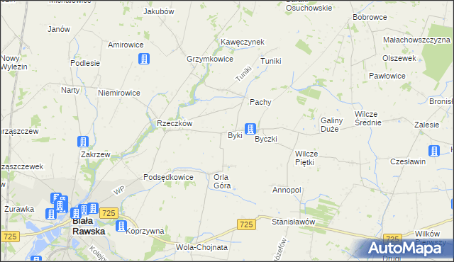 mapa Byki gmina Biała Rawska, Byki gmina Biała Rawska na mapie Targeo