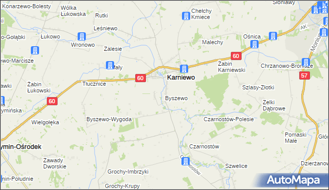 mapa Byszewo gmina Karniewo, Byszewo gmina Karniewo na mapie Targeo