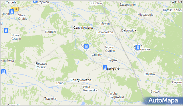 mapa Choiny gmina Poświętne, Choiny gmina Poświętne na mapie Targeo