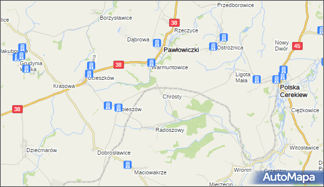 mapa Chrósty gmina Pawłowiczki, Chrósty gmina Pawłowiczki na mapie Targeo